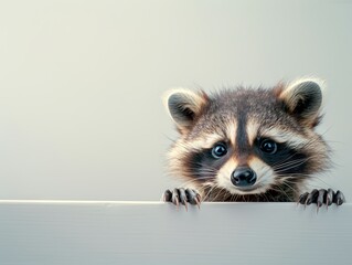 Obraz premium Curious raccoon peeking over edge with attentive gaze