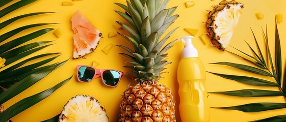 Vibrant flat lay with pineapple, sunglasses, sunscreen, and tropical leaves on a yellow background. Perfect for summer and vacation themes.