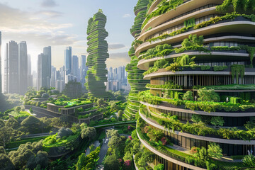 Sustainable urban design project concept Green cityscape, including eco-friendly buildings and lush...