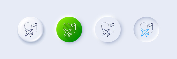 Destination flag line icon. Neumorphic, Green gradient, 3d pin buttons. Goal flight travel sign. Location pin symbol. Line icons. Neumorphic buttons with outline signs. Vector
