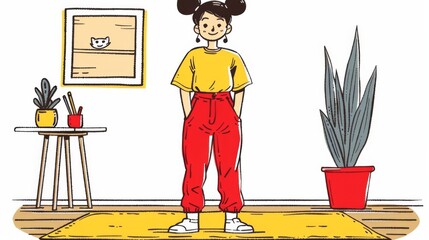 Illustration of a carefree graphic designer with a confident stance, holding colored pens in a creative workspace.