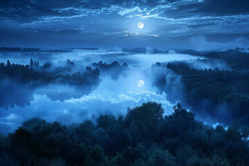 Fototapeta premium Swamp magic moonlit night in fog panoramic shot from above 