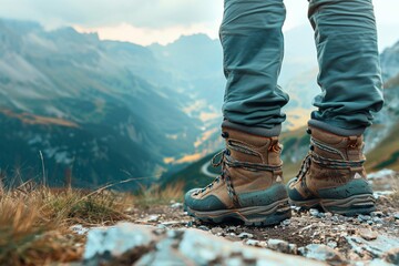 a person's legs in boots on a rocky mountain