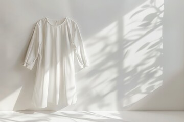 Sunlit White Dress Hanging Against Shadowy Tropical Foliage Background