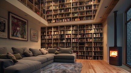 A cozy modern living room with a built-in bookshelf wall