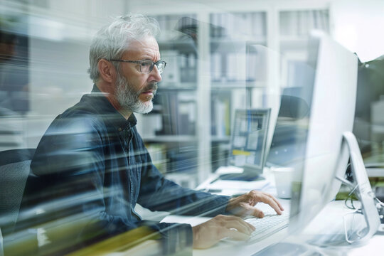 Blurred motion shot of mature businessman using a computer at work in a busy office.