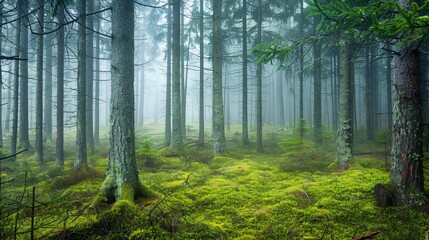 pine forest with a green mossy floor