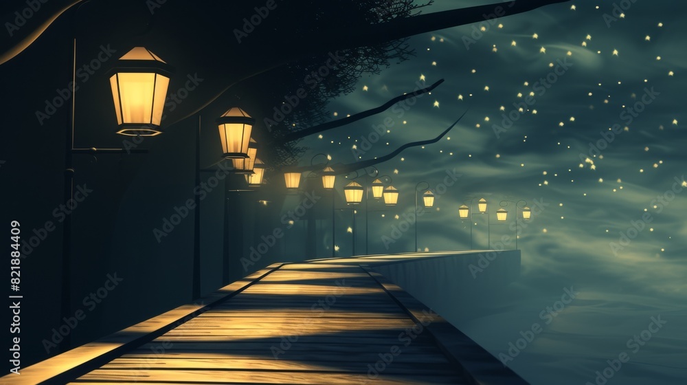 Poster row of glowing lanterns lining a wooden path in a mystical night setting filled with floating lights