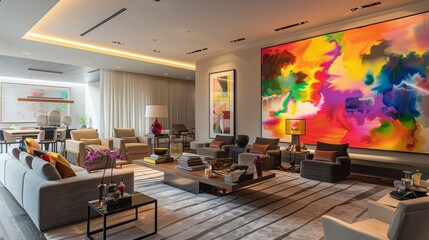 A high-end living room with a focus on modern art