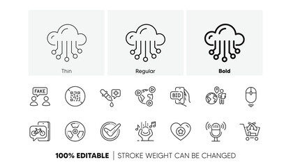 Scroll down, Outsource work and Confirmed line icons. Pack of Video conference, Qr code, Cross sell icon. Chemistry pipette, Noise, Fake information pictogram. Cloud storage, Bike app. Vector