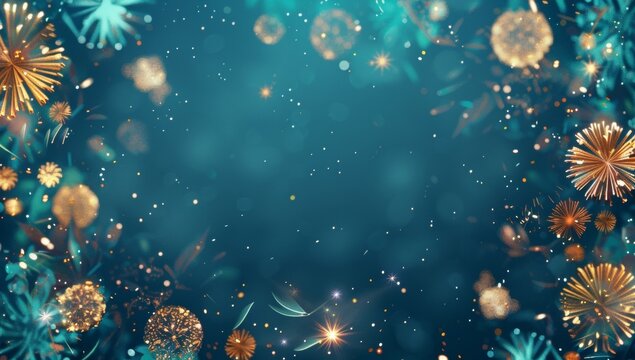 New Year, blue background with fireworks, copy space for text, wide banner design, golden and teal color palette, digital illustration.