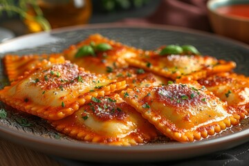 Ravioli: A plate of ravioli with visible fillings, served in a light butter or tomato sauce, garnished with fresh basil or sage.