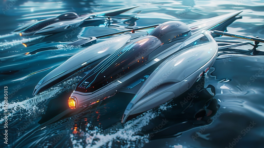 Poster a futuristic rowing competition with high-tech boats in a sci-fi setting showcases advanced tech and