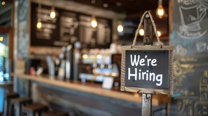 A were hiring sign hangs from a bar
