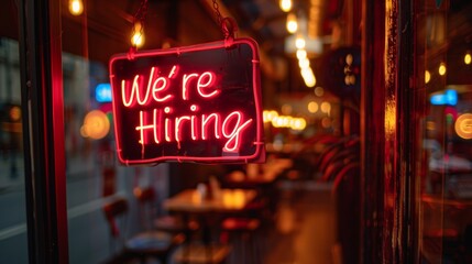 Eye-catching red neon sign with were hiring message in a dark setting