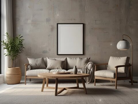 modern interior mock up of living room, modern furniture of beige sofa