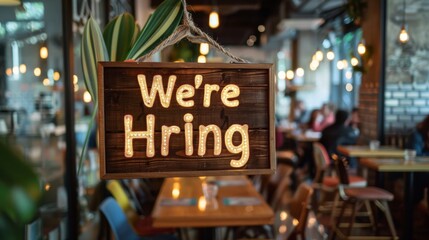 A were hiring sign hangs outside a restaurant, offering job openings to eager candidates - Powered by Adobe