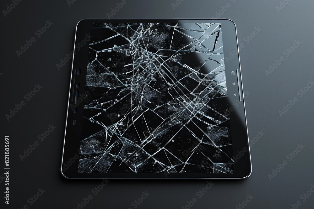 Poster tablet with broken screen front view, smashed, shattered electronics device with black touchscreen c