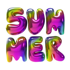 Word Summer isolated on transparent background. 3D lettering . Text with lollipop texture. Glossy surface. Y2K style 3d liquid font. Rainbow bubble typeface