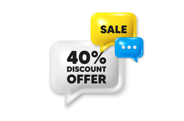Discount speech bubble offer 3d icon. 40 percent discount tag. Sale offer price sign. Special offer symbol. Discount discount offer. Speech bubble sale banner. Discount balloon. Vector