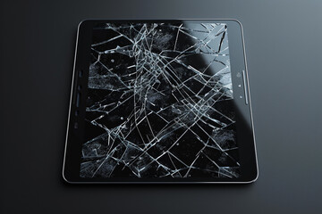 Tablet with broken screen front view, smashed, shattered electronics device with black touchscreen covered with scratches and cracks, Realistic 3d illustration, Top view Tablet PC 