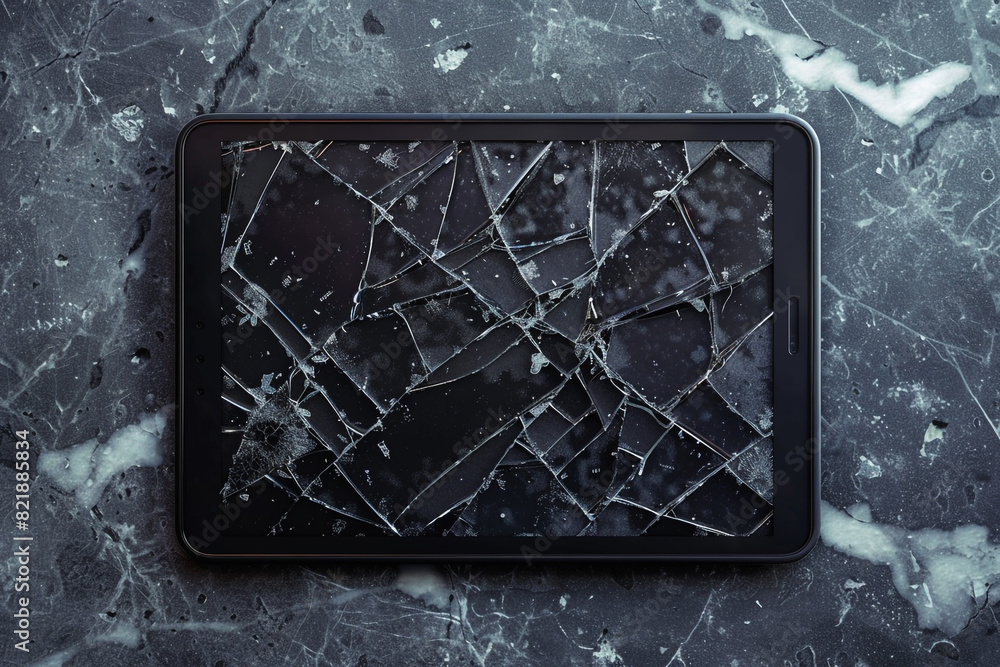 Poster tablet with broken screen front view, smashed, shattered electronics device with black touchscreen c