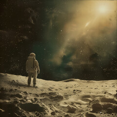 A lone astronaut gazes at the vast expanse of a distant galaxy from the surface of a desolate moon.