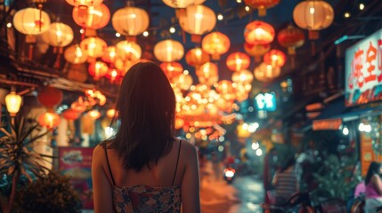 Fototapeta premium Female travelers explore Asia, Thailand, and delight in the bustling streets of Bangkok's lively Yaowarat district.