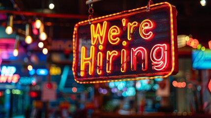 A vibrant neon sign reading were hiring hangs from the ceiling, illuminating the room with an inviting glow