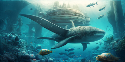 Underwater world of sea kingdom fantasy scenery with gigantic fish ai.