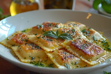 Ravioli: A plate of ravioli with visible fillings, served in a light butter or tomato sauce, garnished with fresh basil or sage.
