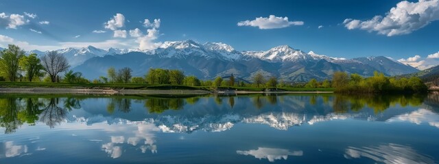Fototapeta premium tranquil lake reflecting majestic idyllic mountains landscape scenery