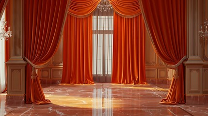 Royal orange velvet curtains cascading elegantly in a luxurious room.