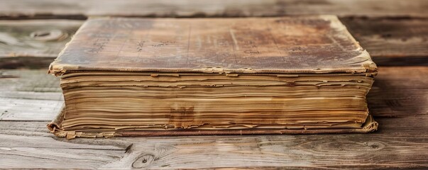 The image shows a thick old book with a brown leather cover. The book is lying on a wooden table. The book is open and there is text on the pages.