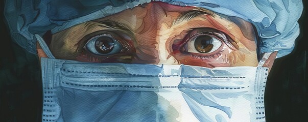 Sleep deprivation in hospital staff, dark shadows, realistic watercolor, the tired eyes of a healthcare hero