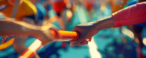 Special relay race, baton handoff moment, collaborative, warm competitive colors, digital