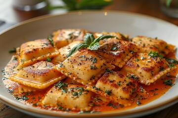 Ravioli: A plate of ravioli with visible fillings, served in a light butter or tomato sauce, garnished with fresh basil or sage.