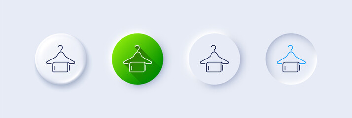 Clean towel line icon. Neumorphic, Green gradient, 3d pin buttons. Laundry hanger sign. Clothing cleaner symbol. Line icons. Neumorphic buttons with outline signs. Vector