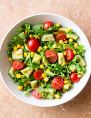 Salad with avocado, tomatoes and corn. Healthy eating. Vegetarian food.