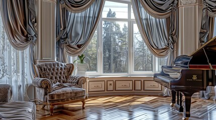 A luxurious living room with a large bay window