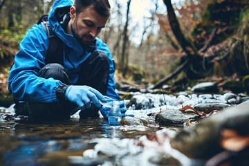 Environmental scientist testing water samples for chemical pollutants, ecosystem health.