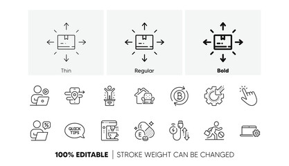 Video conference, Cardboard box and Charging cable line icons. Pack of Quickstart guide, Winner podium, Jobless icon. Vitamin e, Furniture moving, Gps pictogram. Notebook service. Line icons. Vector