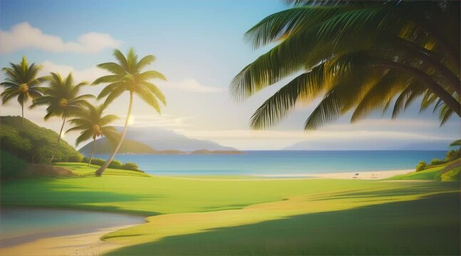Coastal Paradise: A serene beachscape with palm trees, coconut trees, and turquoise waters under a sunny sky
