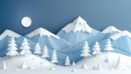Abstract paper cut art of snowcovered mountains and trees, simple shapes, flat design, white color palette, vector illustration style.
