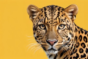 Fototapeta premium leopard peeking out on a yellow background,