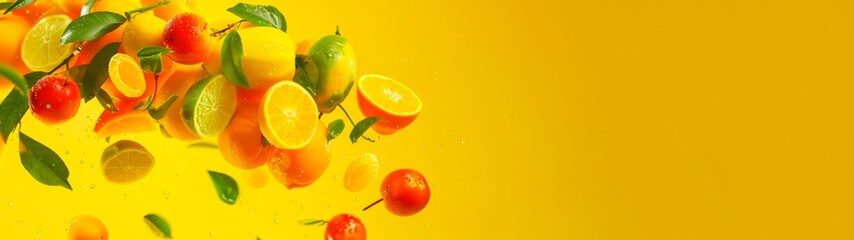 Food photography - Summer fruits background banner panorama - Close up of falling ripe citrus...