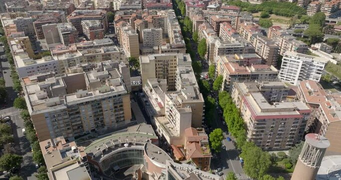 Aerial view of the residential houses and buildings of the Marconi district in Rome, Italy.