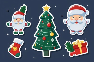 a group of stickers of santa claus and christmas tree