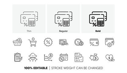 Discount, Piggy bank and Fraud line icons. Pack of Volunteer, Calendar discounts, Card icon. Money calculator, Usd coins, Online market pictogram. Dollar rate, Add purchase, Wallet. Line icons. Vector