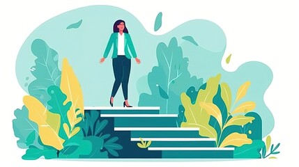 Fototapeta premium A woman in a green suit is walking up a flight of stairs
